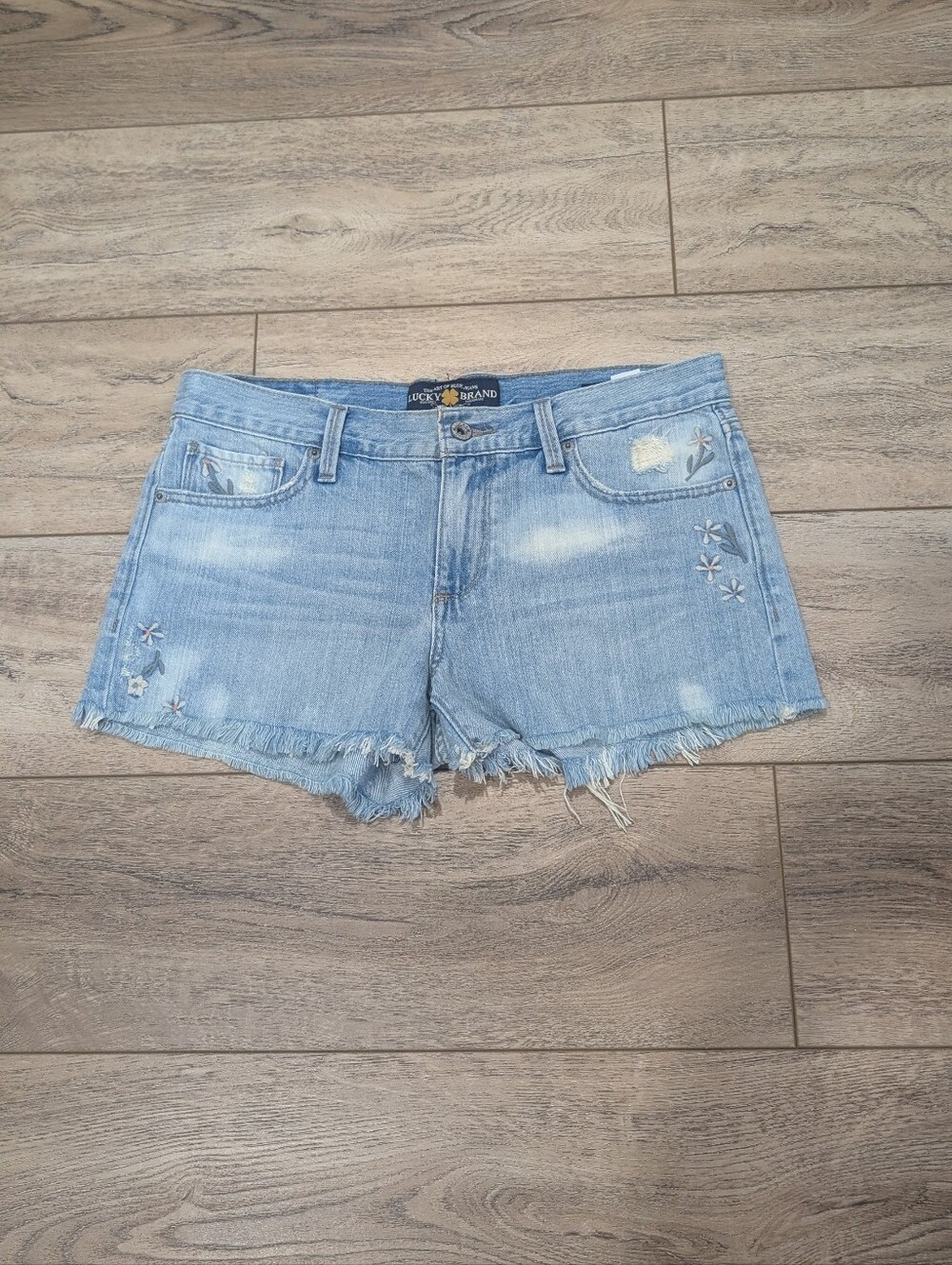 Lucky Brand Light Wash Denim Cutoff Shorts with Floral Embroidery
